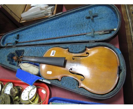 An Early XX Century Violin, two piece back (37cm to nipple), no internal label (loose chin rest, bridge, tail piece), cased w