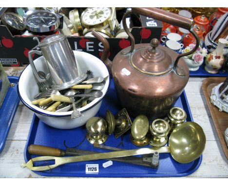 Copper Kettle, brass ladle, enamelled chamber pot, cutlery, etc:- One Tray