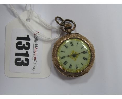 A Ladies Diamond Set Fob Watch, the decorative dial with black Roman numerals within floral enamel case (losses), set to the 