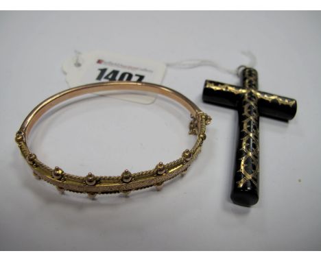 A Large XIX Century Cross Pendant, with pique style decoration; together with a 9ct gold bangle, of openwork design with rope
