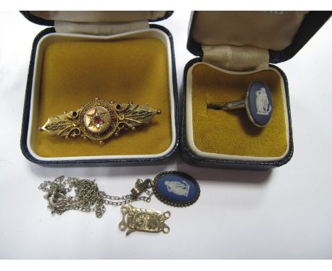 A 9ct Gold Bar Brooch, star design to the centre; a Wedgwood Jasperware dress ring and matching pendant in original boxes, an