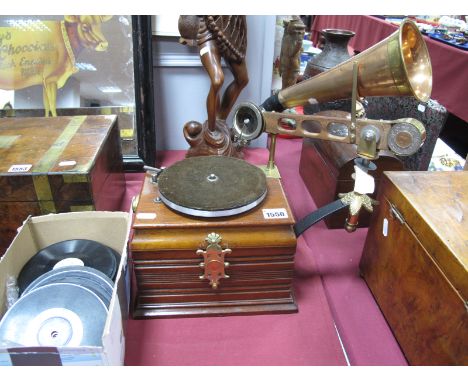 Child's Table Top Gramophone, in mahogany with brass mounts, copper bugle horn stamped "John Grey, London"; together with 6" 