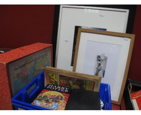 A Victory Geographical Wooden Jigsaw Puzzle, loose Lego, two Harry Potter 1st editions, and two Sheffield themed prints inclu