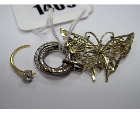 A Single Stone Diamond Ring (damages/incomplete), a circular pendant, of openwork design, stamped "375", a butterfly brooch, 