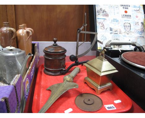 An Early XX Century Letter Scale, a cast brass pike staff head, turned hardwood tobacco jar, brass box and cover with dog fin