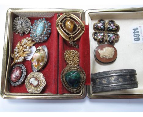 An Aesthetic Style Hinged Bangle, (clasp broken) costume brooches including oval cameo (damaged) enamel buckle etc.