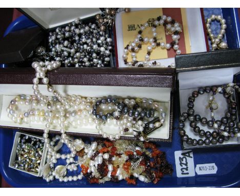 A Selection of Freshwater and Imitation Pearl Bead Necklaces, Bracelets, Earrings and a Ring:- One Tray