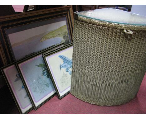 A Gilt Corner Linen Basket, four Military, plus one Sturgeon prints.