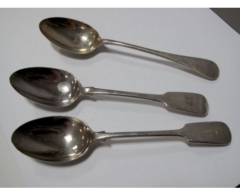 A Hallmarked Silver Fiddle Pattern Table Spoon, WC, London 1828, initialled; Another Example, Walker &amp; Hall, Sheffield 19