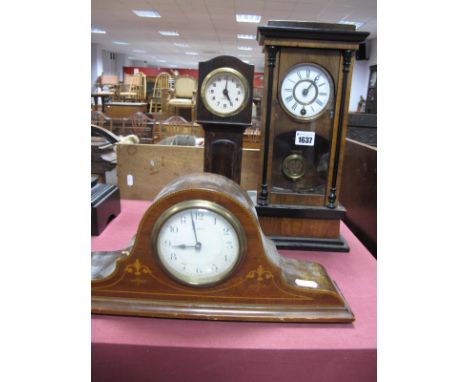 An Early XX Century Mahogany Cased Mantel Clock, white enamel dial, Roman numerals, on plinth base, a 1930's oak cased miniat