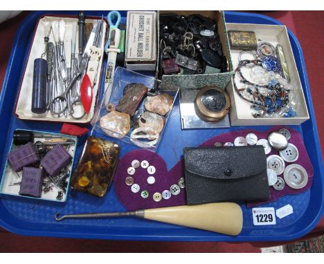 Vintage Sewing Accessories, mother or pearl button hooks, jet beads, stud box, necklaces, etc.