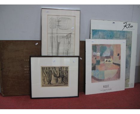 Graham Barry Cliverd, Woodland, etching, signed, 19 x 26cm; Naval Architecture plan; two Klee poster prints, library plaque. 