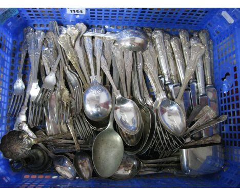 Assorted Plated King's Pattern Cutlery, plated hip flask base cup (initialled), etc:- One Box