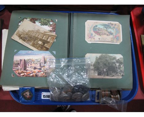 A Collection of Vintage Postcards, in an album, together with an assortment of various coins, and a "British Association of O