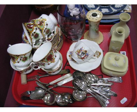 Wedgwood Yellow Jasper Vases and Trinket Pot, 'Elizabethan' tea ware, Humming Bird amethyst glass vase, cutlery etc:- One Tra