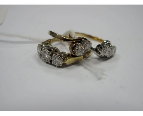 An 18ct Gold Three Stone Ring, claw and illusion set, together with another similar, between crossover shoulders, stamped "18