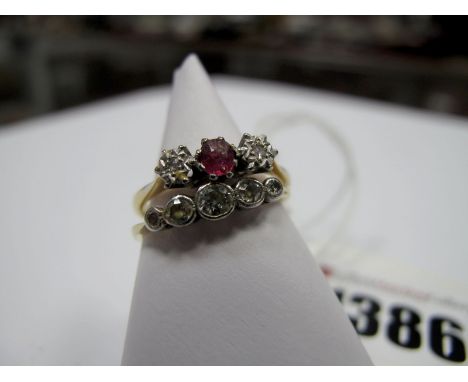 A Three Stone Ring, illusion set, stamped "18ct Plat"; A Five Stone Ring, of graduated design, collet rubover set. (2)