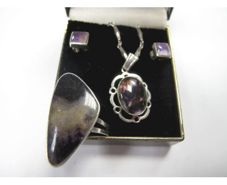 A Blue John Ring, of modernist design, stamped "Made in Israel Silver 925"; together with a hallmarked silver Blue John penda