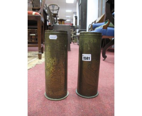 A Pair of WWI Trench Art Brass Vases, engraved 'LA Guerre 1914-19' and 'Ypres Albert Arras' with foliate decoration, bases st