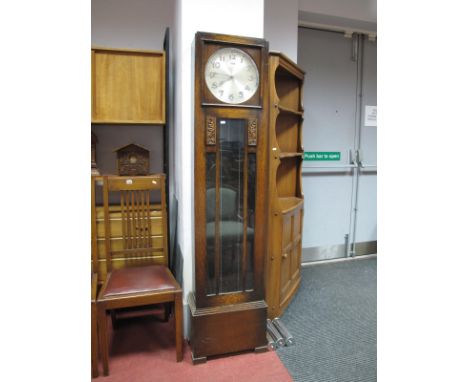 A 1930's Oak Longcase  Clock, with chrome numerals to silvered dial, three weight movement.