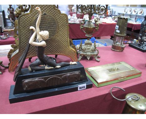An Art Deco Style Female Dancing Figure, on a marble base and an Art Deco brass cigarette box, engine turned decoration with 