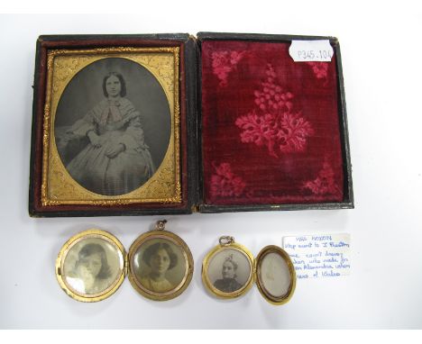 A XIX Century Daguerreotype of A Lady, together with two circular locket pendants, one engine turned, the other initialled "E