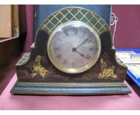 An Ebonised Dome Cased Mantel Clock, with Chinoiserie decoration, on ball feet, silvered dial to Buren movement.