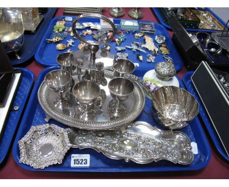 Silver Pierced Octagonal Dish, plated egg cruet, pin tray, ceramic scent bottle with embossed lid, etc:- One Tray