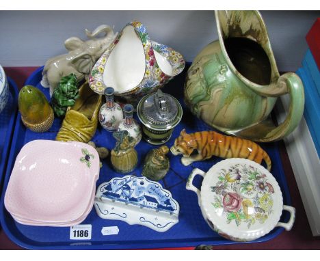 A Mid XX Century Galleon Jug, Midwinter 'Marguerite' basket (chips), Wade figures, Sylvac terrier and boot posy, etc:- One Tr