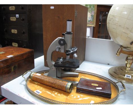 A Three Drawer Brass Telescope, part geometry set (cased), and a 1970's Olympus 627957 microscope (cased) - all on an Italian