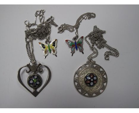 A Scottish Hallmarked Silver Millefiore Pendant, C.J. Edinburgh, 1975, of circular openwork design on fine chain; together wi