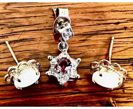 PAIR OF UNHALLMARKED GOLD EAR STUDS SET WITH OPALS, BACK CLIPS MISSING; SINGLE EARRING SET WITH SMALL RUBY AND BRILLIANTS, TO