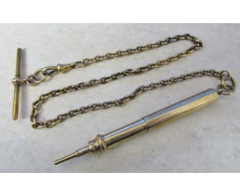 Tested as 9ct gold watch chain and t-bar (total weight 16.7 g) with gold plated pencil by S Mordan & Co