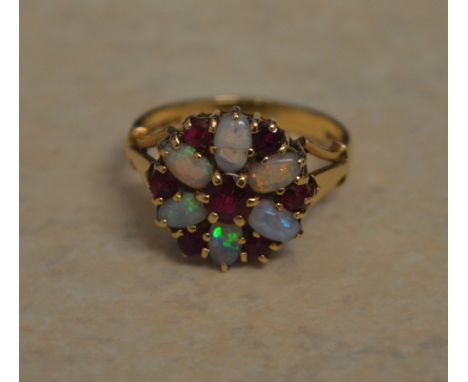 9ct gold opal and garnet cluster ring (one opal stone cracked), total approx weight 3.7g, Ring Size Q