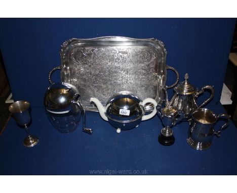 A large Viners Alpha plate Tray, Piquotware Teapot, tankard, goblet, teapot with fir cone finial, etc.