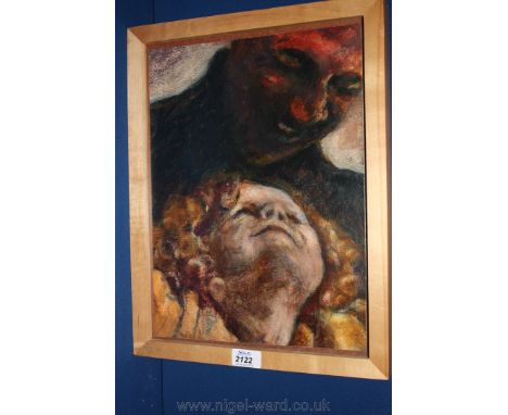 An Oil on board portrait of a father and daughter looking at each other, initialled CSAC,1958 (possibly Central School of Art