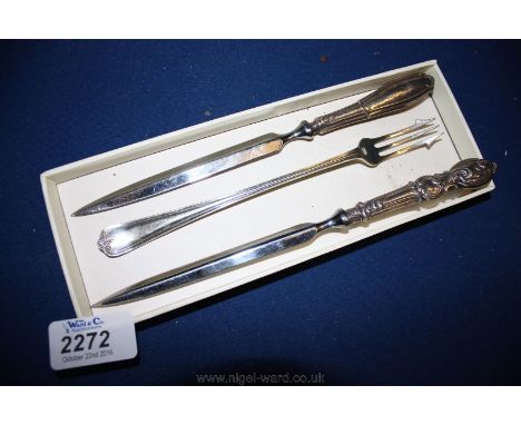 Two Silver handled Letter Openers and an Epns pickle fork 