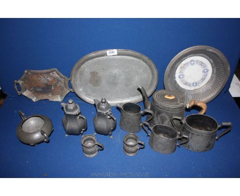 Miscellaneous Pewter items including teapot, sucrier, small coffee pot and hot water jug, tray etc.