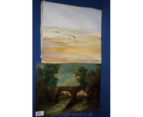 An Oil on board/ceramic of a river scene and an unframed Watercolour of a beach scene by William Monk, 13'' x 11 1/2''