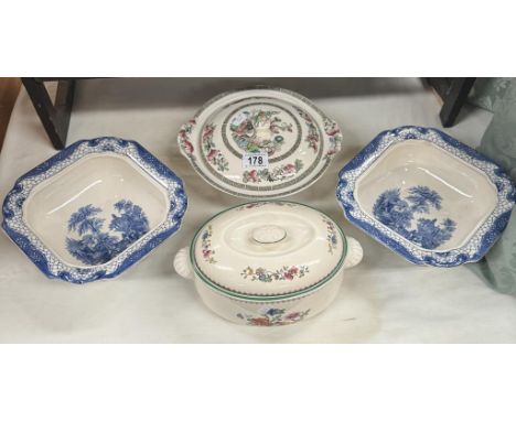 A Spode Chinese rose tureen, 2 blue &amp; white dishes &amp; A Johnsons tea tree lidded bowl