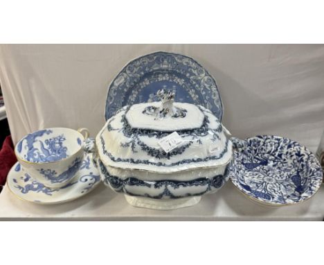 A quantity of blue &amp; white China including a plate, bowl, tureen etc. Tureen is A/F Royal Worcester booths etc