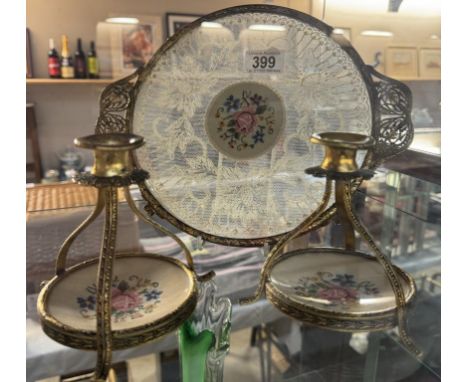 A dressing table lace & embroidered floral pattern tray & 2 matching candlestick holdersSome tarnishing to metal frame. Glass