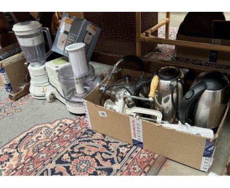 A mixed lot of kitchen items including A Braun mixer, Phillips blender, kettles, scales etc