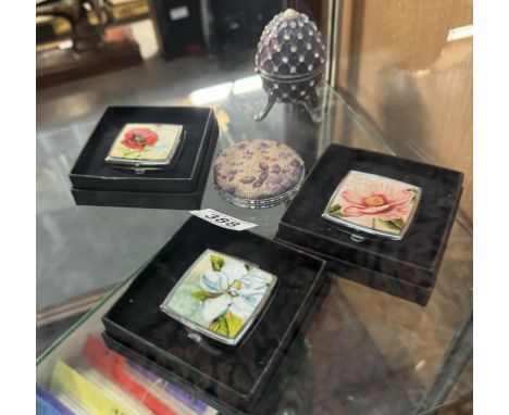 3 Floral pill boxes, A compact &amp; An egg-shaped trinket box etc
