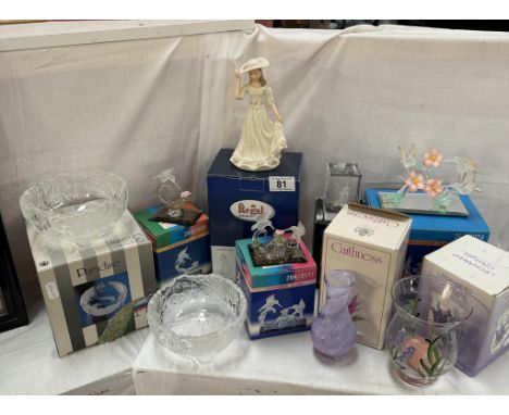 A quantity of boxed items including handmade glass humming birds, Caithness vase etc