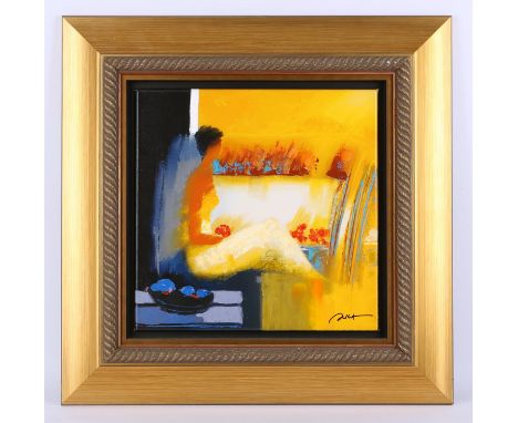 Emile Bellet (French, 1941-1922), interior scene with seated female figure, hand-embellished print on canvas, ed. 239/350, si