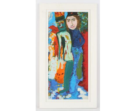 Twentieth-century European School, full-length portrait of a young woman, oil on board, 54 x 24.5cm, framed.