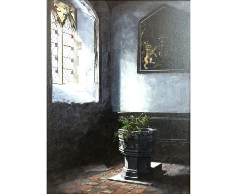 § Michael John Hunt (British, b. 1941), church interior with font, acrylic on panel, signed lower left, 38 x 28cm, framed. Pl