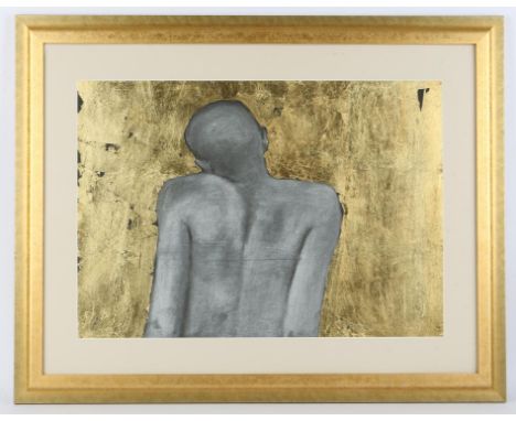 Paddy Gunnery (British, contemporary), abstract portrait of a male figure from the back, mixed media with gold leaf, signed l