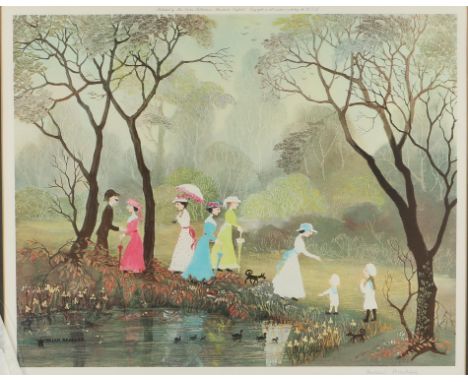 Helen Layfield Bradley (British, 1900-1979), landscape with lake and figures to foreground, print in colours, signed in penci